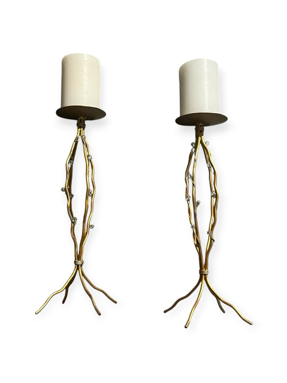 Gold Wired Branch-Style Candle Holders with Cream Shades - Pair